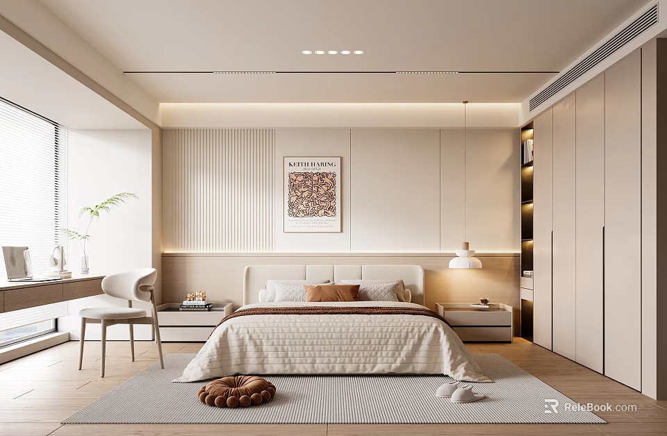 Modern Bedroom Interior Design With Bed Nightstand Rug Wall Art And Lighting 3d model 