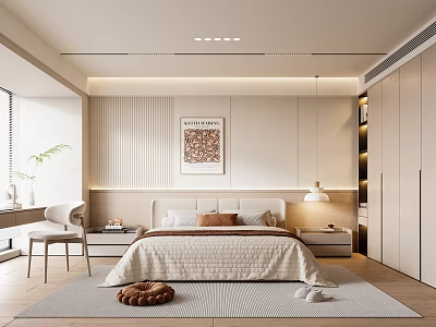 Modern Bedroom Interior Design With Bed Nightstand Rug Wall Art And Lighting 3d model