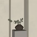 Brown Vase With Round Bud Branches on Beige Wall Background Table and Soft Natural Light