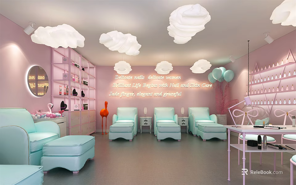 Modern Beauty Hair Salon Interior With Cloud Shaped Lights Comfortable Chairs And Product Displays 3d model 
