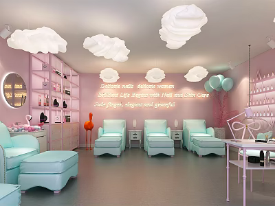 Modern Beauty Hair Salon Interior With Cloud Shaped Lights Comfortable Chairs And Product Displays 3d model