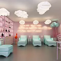 Modern Beauty Hair Salon Interior With Cloud Shaped Lights Comfortable Chairs And Product Displays