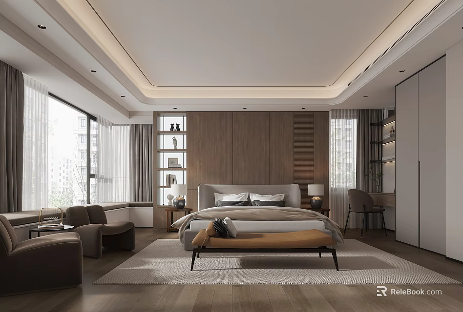 Modern Minimalist Bedroom Interior Design With Wooden Wall Large Bed And Floor to Ceiling Windows 3d model 