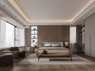 Modern Minimalist Bedroom Interior Design With Wooden Wall Large Bed And Floor to Ceiling Windows 3d model