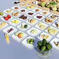 Assorted Fresh Foods With Fruits Vegetables Breads Nuts Drinks On White Plates And Wooden Boards