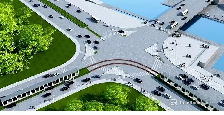Modern Road Facilities at Urban Intersection with Vehicles Greenery and Pedestrians 3d model 