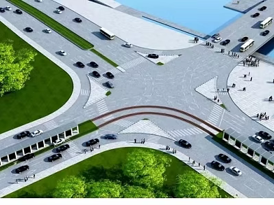 Modern Road Facilities at Urban Intersection with Vehicles Greenery and Pedestrians 3d model