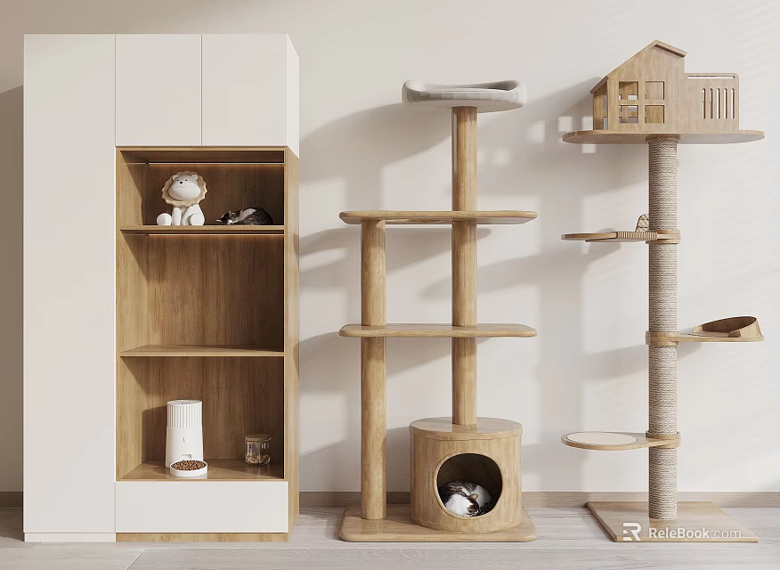 Wooden Cat Tree With Multi Level Platforms House Shaped Design And Cave 3d model 