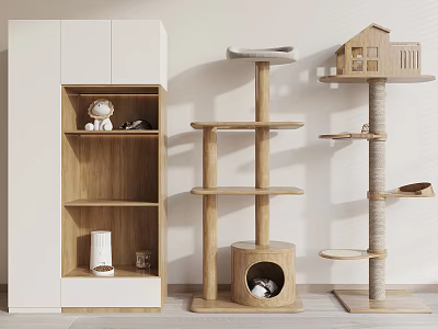 Wooden Cat Tree With Multi Level Platforms House Shaped Design And Cave 3d model