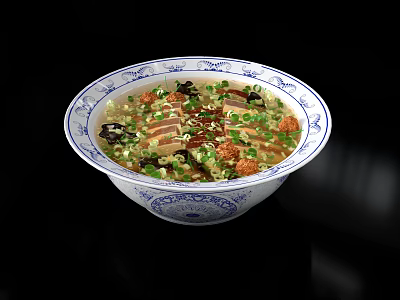 Traditional Chinese Soup in Blue and White Patterned Bowl with Vegetables Chilies and Tofu 3d model