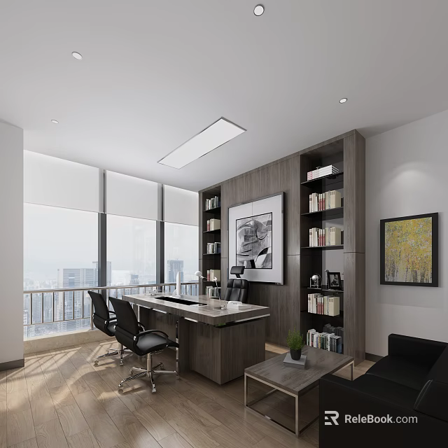 Modern Office Interior With Large Windows City View Desk Black Chairs Bookshelves And Wall Art 3d model 