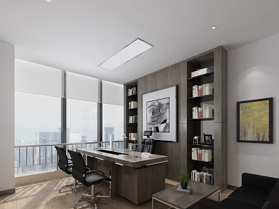 Modern Office Interior With Large Windows City View Desk Black Chairs Bookshelves And Wall Art 3d model