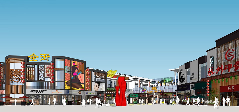 Vibrant Commercial Street With Modern Buildings Shops Billboards And Pedestrians 3d model 