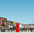 Vibrant Commercial Street With Modern Buildings Shops Billboards And Pedestrians