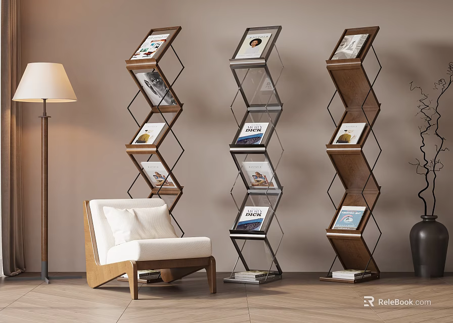 Modern Geometric Display Shelves With Wood Metal Frame Holding Magazines In Living Space 3d model 