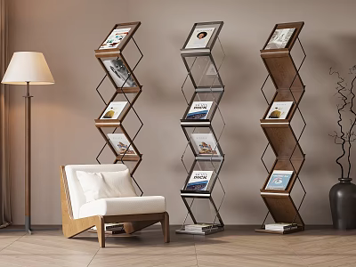 Modern Geometric Display Shelves With Wood Metal Frame Holding Magazines In Living Space 3d model