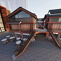 Modern Commercial Street Featuring Curved Wooden Facade And Pedestrians In Open Plaza