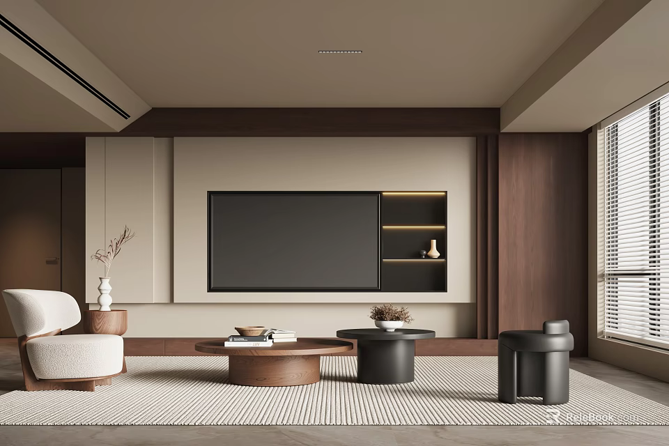 Modern Living Room Interior With Wooden TV Wall Sofa Coffee Table And Decorative Rugs 3d model 