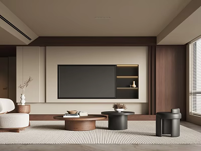 Modern Living Room Interior With Wooden TV Wall Sofa Coffee Table And Decorative Rugs 3d model