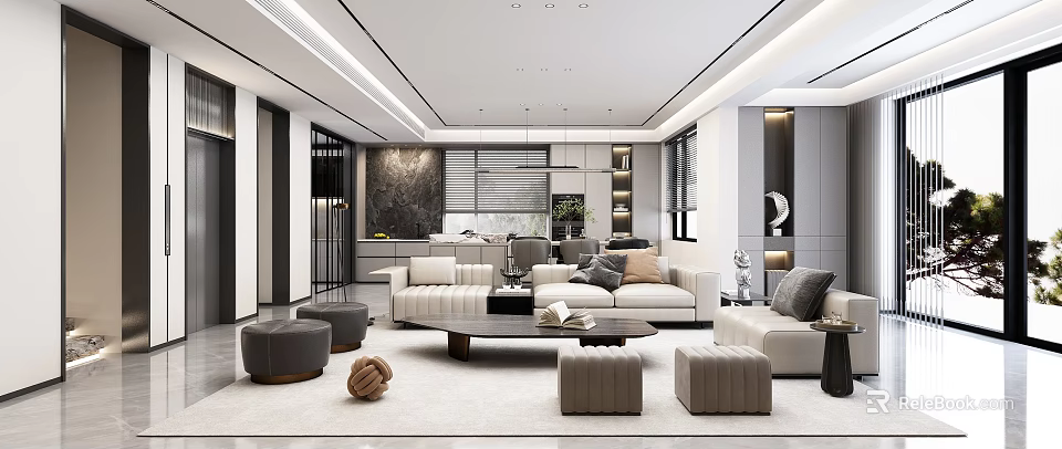 Modern Living Dining Room Interior Design With Open Layout Sofa Coffee Table And Lighting 3d model