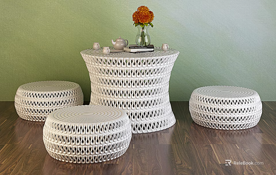 White Woven Table and Stool Set With Orange Flower Tea Set Green Wall Wooden Floor 3d model 