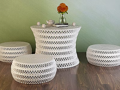 White Woven Table and Stool Set With Orange Flower Tea Set Green Wall Wooden Floor 3d model