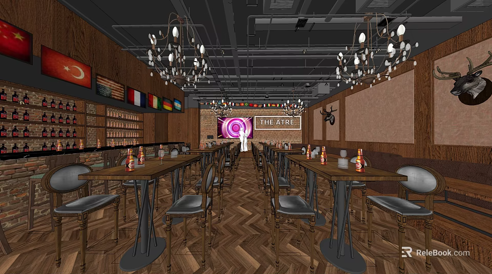 Elegant Bar Interior With Wooden Walls Hanging Chandeliers Wine Racks And Tables 3d model 