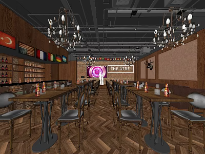 Elegant Bar Interior With Wooden Walls Hanging Chandeliers Wine Racks And Tables 3d model