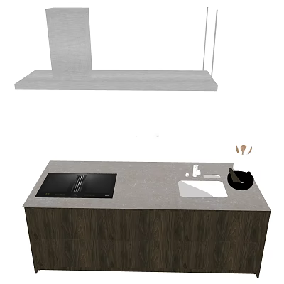 Modern Kitchen Countertop With Black Stove White Sink And Hanging Cabinet 3d model