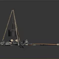 Primitive Tripod Cooking Scene With Hanging Pot Stones And Bow Arrow