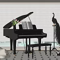 Elegant Black Grand Piano Room Interior With Music Sheets Flower And Peacock Decor 3d model