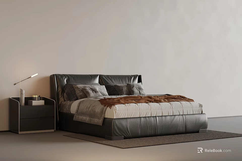 Modern Leather Double Bed With Bedside Table Lamp And Pillows In Minimalist Interior 3d model