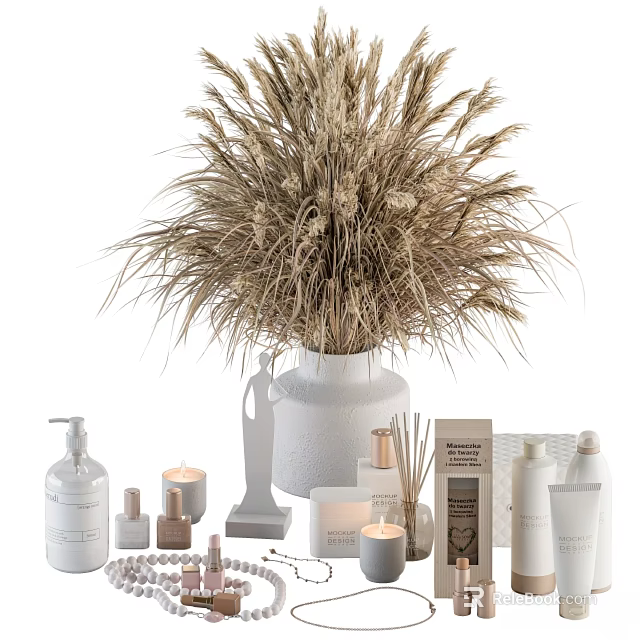Premium Daily Cleaning Products With Hand Soap Bottles Candles Fragrance Diffusers And Dried Plants 3d model 
