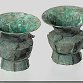 Antique Style Ceramic Vessels With Green Patina Decorative Bases And Ornate Design