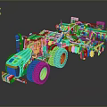Green Agricultural Tractor With Attached Cultivator And Large Yellow Rim Wheels