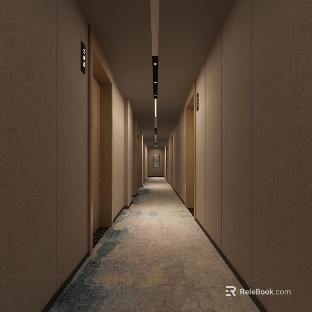 Modern Elevator Hallway Interior With Long Corridor Carpeted Floor And Side Doors 3d model 