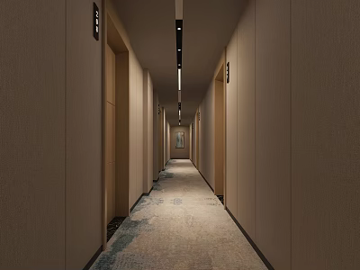 Modern Elevator Hallway Interior With Long Corridor Carpeted Floor And Side Doors 3d model