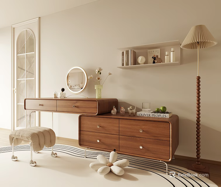 Modern Wooden Dressing Table With Round Mirror Vase Flowers Stool Shelf And Floor Lamp 3d model 