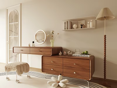Modern Wooden Dressing Table With Round Mirror Vase Flowers Stool Shelf And Floor Lamp 3d model