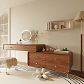 Modern Wooden Dressing Table With Round Mirror Vase Flowers Stool Shelf And Floor Lamp
