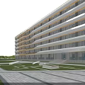 Modern School Building Exterior With Glass Facade Arched Entrance And Green Lawn Pathway