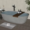 Concrete Bathtub With Blue Water Wooden Tray And Black Bottles Near Slippers On Mat