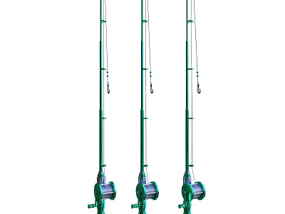 Three Green Mechanical Hoists With Lifting Hooks And Vertical Structure 3d model