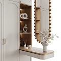 Modern White Dresser with Gold Handles Curved Mirror and Decorative Shelves