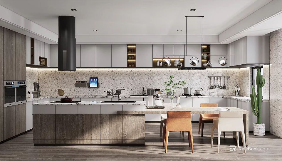 Modern Kitchen Interior Design With Island Counter Cabinets Pendant Lights And Appliances 3d model 