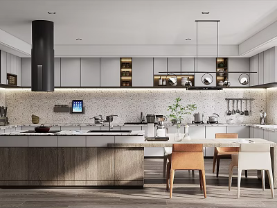 Modern Kitchen Interior Design With Island Counter Cabinets Pendant Lights And Appliances 3d model