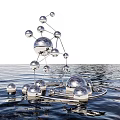 Shiny Silver Sphere Landscape Sculpture Connected by Metal Rods on Rippling Water