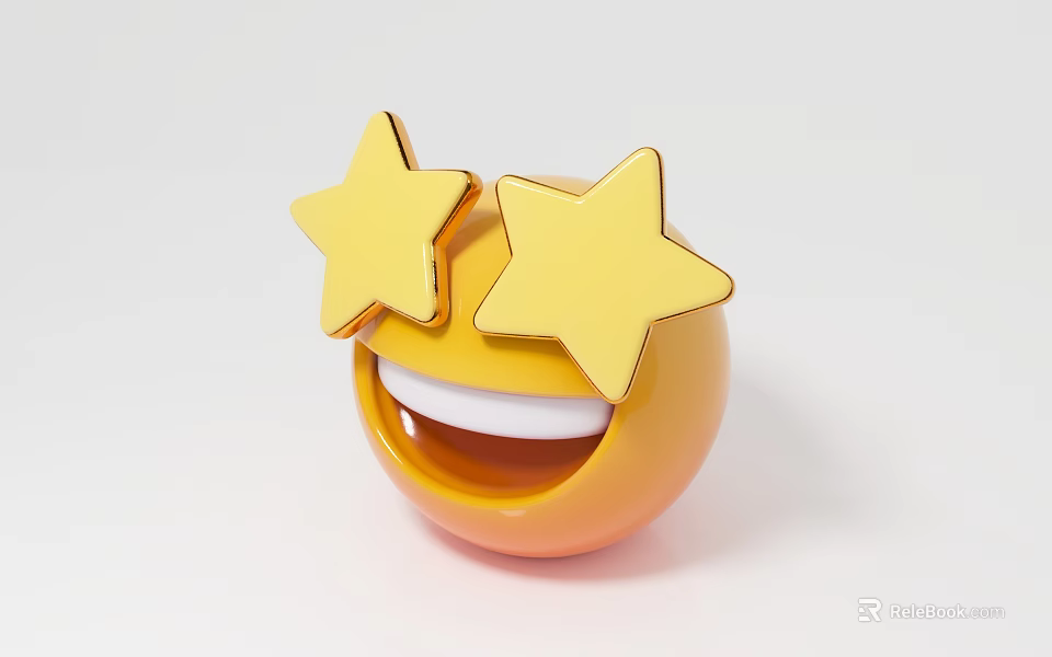 Cute Yellow Smiling Face Game Movie Character With Golden Star Eyes And Open Mouth 3d model 