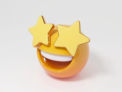 Cute Yellow Smiling Face Game Movie Character With Golden Star Eyes And Open Mouth 3d model