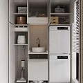 Practical Home Balcony With White Storage Cabinets Drawers Shelves Sink Washing Machine Dryer And Blinds